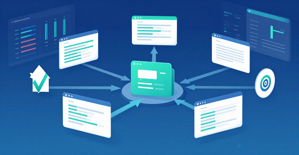 conceptual illustration of a traffic exchange network showing interconnected browser windows with traffic flow arrows and analytics dashboard
