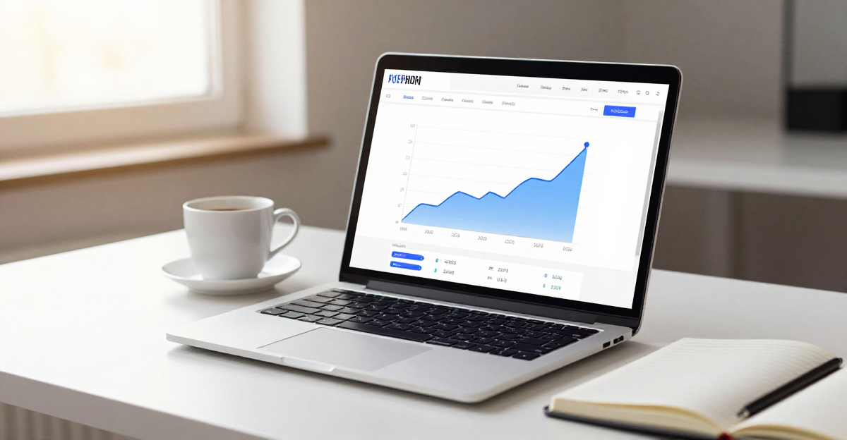 laptop showing website analytics dashboard with traffic rising from zero, minimalist desk workspace