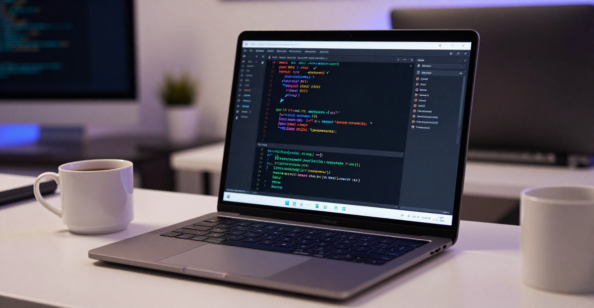 developer workspace with laptop showing terminal and API response data for a pagerank api integration